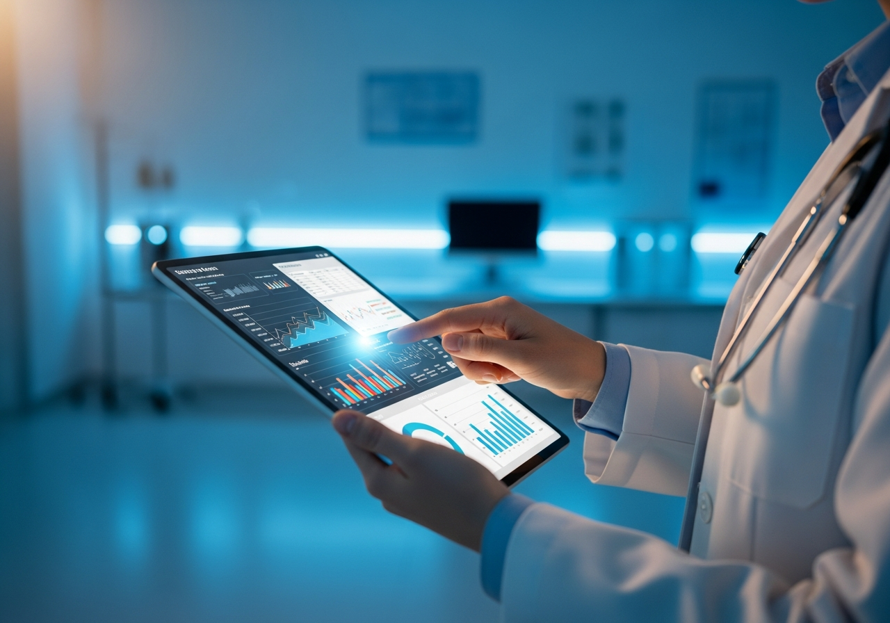 Doctor reviewing digital health records on tablet
